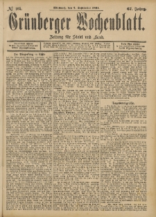 Gr&uuml;nberger Wochenblatt: Zeitung f&uuml;r Stadt und Land, No. 105. (2. September 1891)
