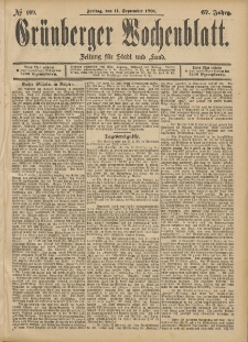 Gr&uuml;nberger Wochenblatt: Zeitung f&uuml;r Stadt und Land, No. 109. (11. September 1891)