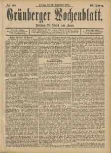 Grünberger Wochenblatt: Zeitung für Stadt und Land, No. 109. (11. September 1891)