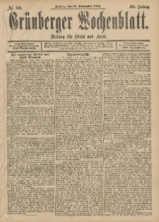 Gr&uuml;nberger Wochenblatt: Zeitung f&uuml;r Stadt und Land, No. 112. (18. September 1891)