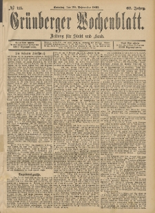 Gr&uuml;nberger Wochenblatt: Zeitung f&uuml;r Stadt und Land, No. 113. (20. September 1891)
