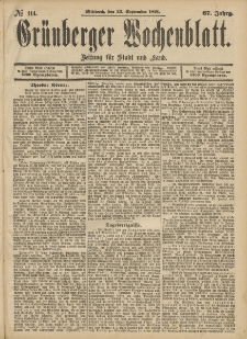 Gr&uuml;nberger Wochenblatt: Zeitung f&uuml;r Stadt und Land, No. 114. (23. September 1891)