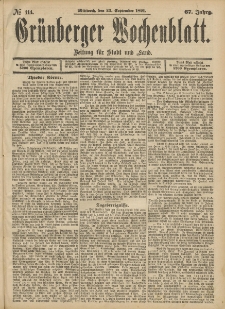 Grünberger Wochenblatt: Zeitung für Stadt und Land, No. 114. (23. September 1891)
