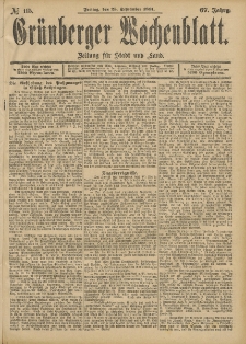 Gr&uuml;nberger Wochenblatt: Zeitung f&uuml;r Stadt und Land, No. 115. (25. September 1891)