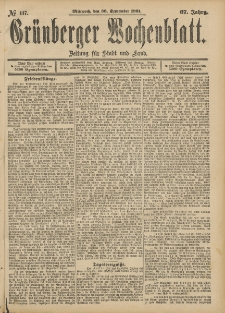 Gr&uuml;nberger Wochenblatt: Zeitung f&uuml;r Stadt und Land, No. 117. (30. September 1891)