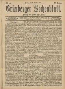 Gr&uuml;nberger Wochenblatt: Zeitung f&uuml;r Stadt und Land, No. 118. (2. October 1891)