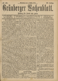 Gr&uuml;nberger Wochenblatt: Zeitung f&uuml;r Stadt und Land, No. 121. (9. October 1891)