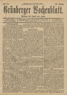 Gr&uuml;nberger Wochenblatt: Zeitung f&uuml;r Stadt und Land, No. 131. (1. November 1891)