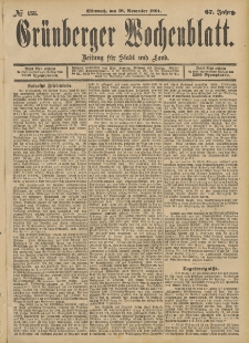 Gr&uuml;nberger Wochenblatt: Zeitung f&uuml;r Stadt und Land, No. 138. (18. November 1891)