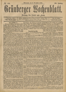 Gr&uuml;nberger Wochenblatt: Zeitung f&uuml;r Stadt und Land, No. 144. (2. December 1891)