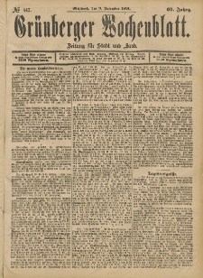 Gr&uuml;nberger Wochenblatt: Zeitung f&uuml;r Stadt und Land, No. 147. (9. December 1891)