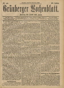 Gr&uuml;nberger Wochenblatt: Zeitung f&uuml;r Stadt und Land, No. 149. (13. December 1891)