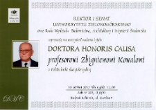 Zaproszenie na uroczystość nadania tytułu doktora honoris causa profesorowi Zbigniewowi Kowalowi z Politechniki Świętokrzyskiej