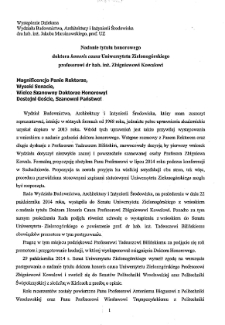 Wystąpienie Dziekana Wydziału Budownictwa, Architektury i Inżynierii Środowiska dra hab. inż. Jakuba Marcinowskiego, prof. UZ podczas uroczystości nadania tytułu honorowego doktora honoris causa Uniwersytetu Zielonogórskiego profesorowi dr. hab. inż. Zbigniewowi Kowalowi