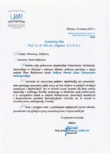 List gratulacyjny prof. Ryszarda J. Góreckiego do profesora Zbigniewa Kowala