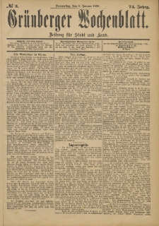 Gr&uuml;nberger Wochenblatt: Zeitung f&uuml;r Stadt und Land, No. 3. (6. Januar 1898)