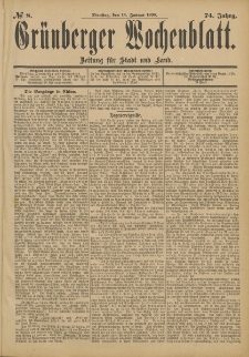 Gr&uuml;nberger Wochenblatt: Zeitung f&uuml;r Stadt und Land, No. 8. (18. Januar 1898)