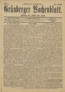 Gr&uuml;nberger Wochenblatt: Zeitung f&uuml;r Stadt und Land, No. 12. (27. Januar 1898)