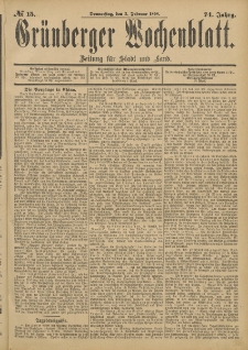 Gr&uuml;nberger Wochenblatt: Zeitung f&uuml;r Stadt und Land, No. 15. (3. Februar 1898)