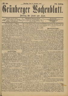 Gr&uuml;nberger Wochenblatt: Zeitung f&uuml;r Stadt und Land, No. 20. (15. Februar 1898)