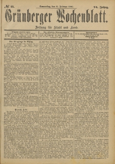 Gr&uuml;nberger Wochenblatt: Zeitung f&uuml;r Stadt und Land, No. 21. (17. Februar 1898)