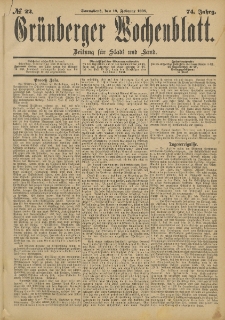 Gr&uuml;nberger Wochenblatt: Zeitung f&uuml;r Stadt und Land, No. 22. (19. Februar 1898)