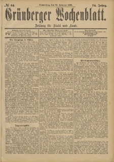Gr&uuml;nberger Wochenblatt: Zeitung f&uuml;r Stadt und Land, No. 25. (26. Februar 1898)