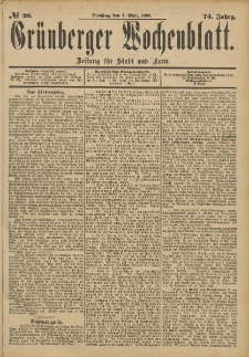 Gr&uuml;nberger Wochenblatt: Zeitung f&uuml;r Stadt und Land, No. 27. (3. M&auml;rz 1898)