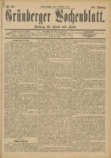 Gr&uuml;nberger Wochenblatt: Zeitung f&uuml;r Stadt und Land, No. 28. (5. M&auml;rz 1898)