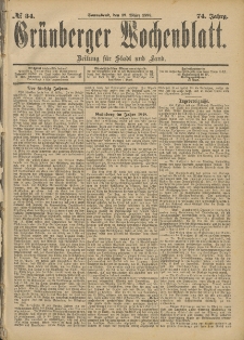 Gr&uuml;nberger Wochenblatt: Zeitung f&uuml;r Stadt und Land, No. 35. (22. M&auml;rz 1898)
