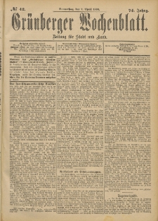 Gr&uuml;nberger Wochenblatt: Zeitung f&uuml;r Stadt und Land, No. 43. (10. April 1898)