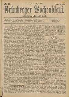 Gr&uuml;nberger Wochenblatt: Zeitung f&uuml;r Stadt und Land, No. 44. (13. April 1898)