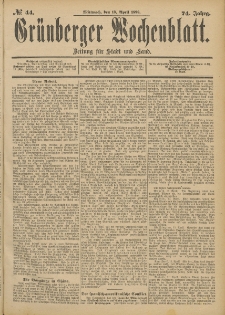 Gr&uuml;nberger Wochenblatt: Zeitung f&uuml;r Stadt und Land, No. 45. (14. April 1898)