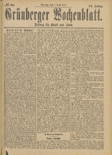 Gr&uuml;nberger Wochenblatt: Zeitung f&uuml;r Stadt und Land, No. 69. (9. Juni 1898)