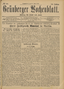 Gr&uuml;nberger Wochenblatt: Zeitung f&uuml;r Stadt und Land, No. 71. (14. Juni 1898)