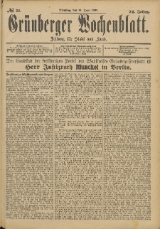 Gr&uuml;nberger Wochenblatt: Zeitung f&uuml;r Stadt und Land, No. 72. (16. Juni 1898)