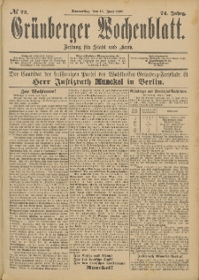 Gr&uuml;nberger Wochenblatt: Zeitung f&uuml;r Stadt und Land, No. 73. (18. Juni 1898)