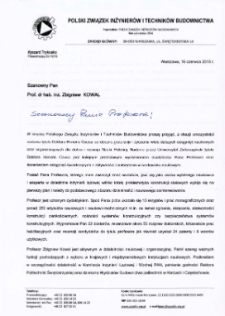 List gratulacyjny Ryszarda Trykosko, Przewodniczącego Zarządu Głównego Polskiego Związku Inżynierów i Techników Budownictwa do profesora Zbigniewa Kowala