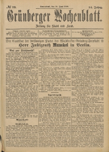 Gr&uuml;nberger Wochenblatt: Zeitung f&uuml;r Stadt und Land, No. 74. (21. Juni 1898)