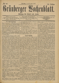Gr&uuml;nberger Wochenblatt: Zeitung f&uuml;r Stadt und Land, No. 78. (30. Juni 1898)