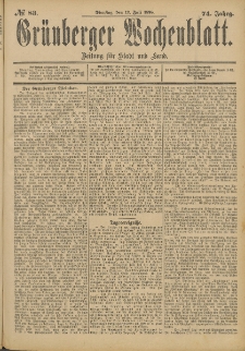 Gr&uuml;nberger Wochenblatt: Zeitung f&uuml;r Stadt und Land, No. 84. (14. Juli 1898)
