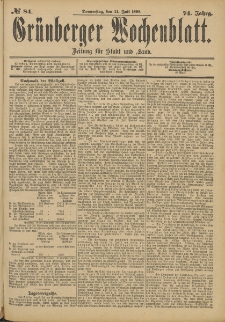 Gr&uuml;nberger Wochenblatt: Zeitung f&uuml;r Stadt und Land, No. 85. (16. Juli 1898)