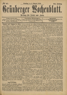 Gr&uuml;nberger Wochenblatt: Zeitung f&uuml;r Stadt und Land, No. 96. (11. August 1898)