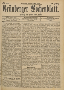 Gr&uuml;nberger Wochenblatt: Zeitung f&uuml;r Stadt und Land, No. 103. (27. August 1898)
