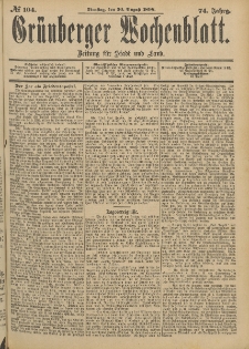 Gr&uuml;nberger Wochenblatt: Zeitung f&uuml;r Stadt und Land, No. 105. (1. September 1898)