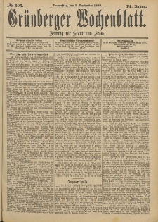 Gr&uuml;nberger Wochenblatt: Zeitung f&uuml;r Stadt und Land, No. 106. (3. September 1898)