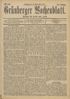 Gr&uuml;nberger Wochenblatt: Zeitung f&uuml;r Stadt und Land, No. 108. (8. September 1898)