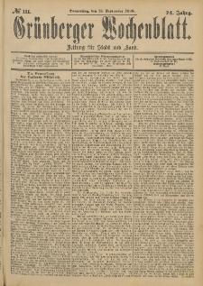 Gr&uuml;nberger Wochenblatt: Zeitung f&uuml;r Stadt und Land, No. 112. (17. September 1898)