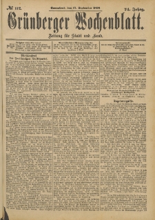 Gr&uuml;nberger Wochenblatt: Zeitung f&uuml;r Stadt und Land, No. 113. (20. September 1898)