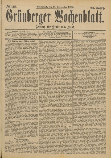 Gr&uuml;nberger Wochenblatt: Zeitung f&uuml;r Stadt und Land, No. 116. (27. September 1898)